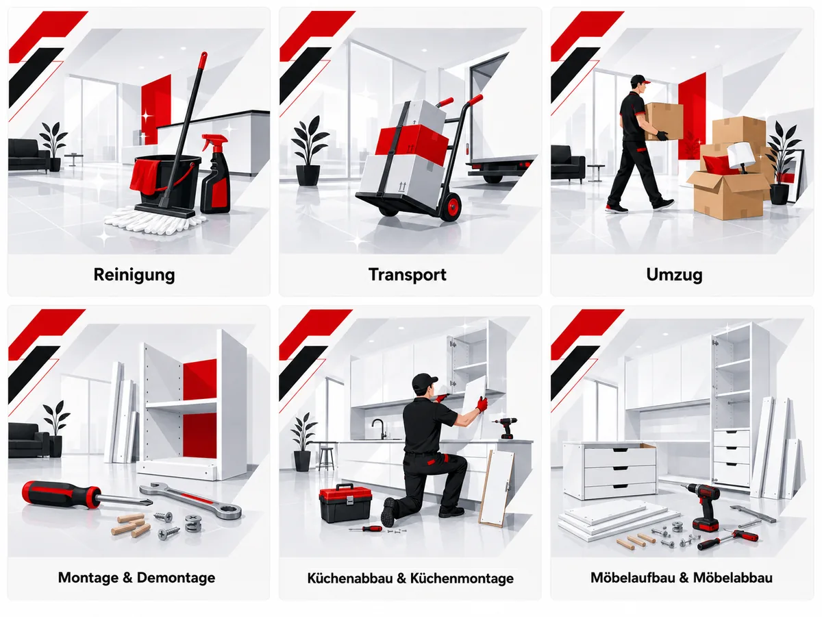 Leistungen in unseren Paketen: Reinigung, Transport, Umzug, Montage & Demontage, Küchenabbau und Küchenmontage, Möbelaufbau und Möbelabbau
