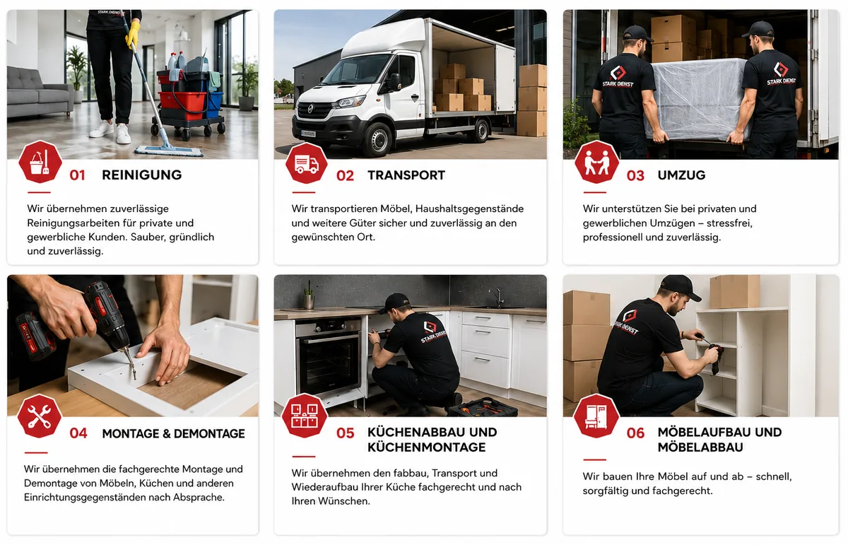 STARK DIENST im Einsatz: Reinigung, Transport, Umzug, Montage & Demontage, Küchenabbau und Küchenmontage, Möbelaufbau und Möbelabbau
